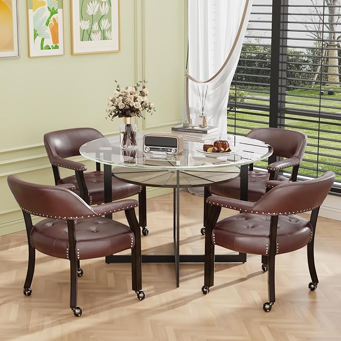 LEEMTORIG Set of 2 Large Dining Chairs with Casters and Arm, Rolling Dining Chairs with Wheels, Poker Table Chairs, Boss Caption's Chairs, 26"D x 25.2"W x 31.5"H, Espresso Legs & Wine Red, XXY-1910-WR