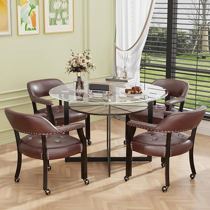 LEEMTORIG Set of 4 Large Dining Chairs with Casters and Arm, Rolling Dining Chairs with Wheels, Poker Table Chairs, Boss Caption's Chairs, 26"D x 25.2"W x 31.5"H Espresso Legs & Wine Red, XXY-1910-WR