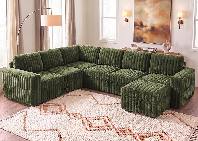 HONBAY Plush Corduroy Modular Sectional Sofa with Pull Out Bed, Convertible U Shaped Couch with Storage,Sleeper Sectional Couches for Living Room,Plush Green