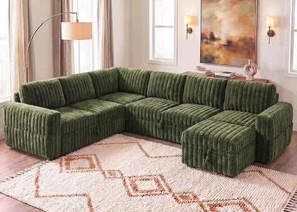 HONBAY Plush Corduroy Modular Sectional Sofa with Pull Out Bed, Convertible U Shaped Couch with Storage,Sleeper Sectional Couches for Living Room,Plush Green