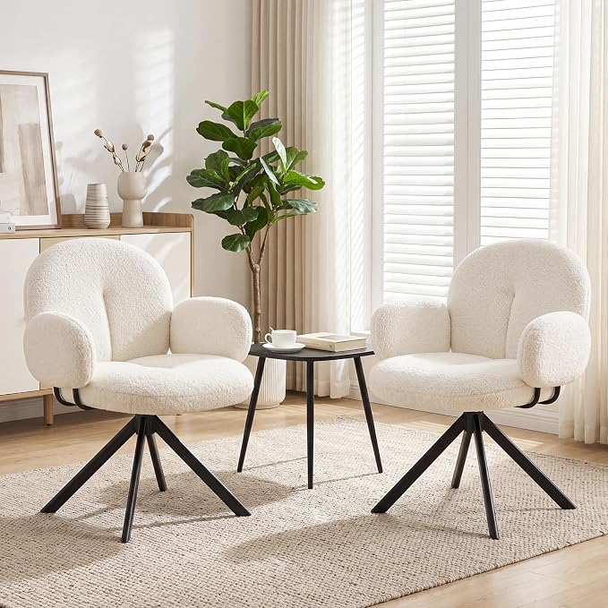 Cute Desk Chair No Wheels Set of 2, 360° Swivel Accent Chairs with Arms, Modern Upholstered Dining Room Chairs with Tufted Cushion, Accent Chairs for Home Office/Bedroom/Kitchen, Teddy Sherpa, Beige