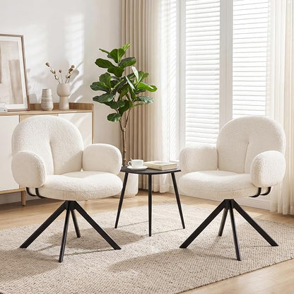 Cute Desk Chair No Wheels Set of 2, 360° Swivel Accent Chairs with Arms, Modern Upholstered Dining Room Chairs with Tufted Cushion, Accent Chairs for Home Office/Bedroom/Kitchen, Teddy Sherpa, Beige
