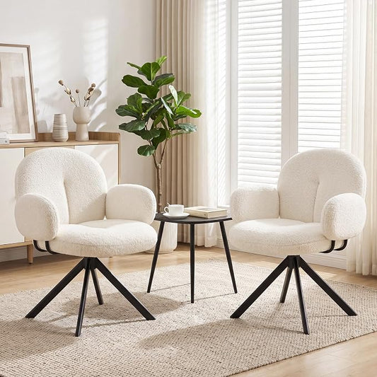 Cute Desk Chair No Wheels Set of 2, 360° Swivel Accent Chairs with Arms, Modern Upholstered Dining Room Chairs with Tufted Cushion, Accent Chairs for Home Office/Bedroom/Kitchen, Teddy Sherpa, Beige