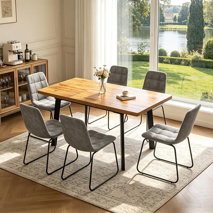 Extendable Dining Table Set for 4 to 8 People, 47.2" to 63" Modern Kitchen Table Set with 6 Chairs, MDF Dining Room Table and Chairs with Removable Extension Leaf (Walnut Table+U-Shaped Grey Chairs)