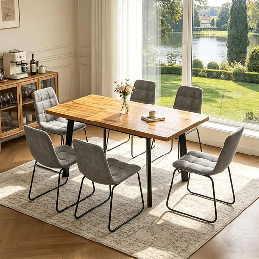 Extendable Dining Table Set for 4 to 8 People, 47.2" to 63" Modern Kitchen Table Set with 6 Chairs, MDF Dining Room Table and Chairs with Removable Extension Leaf (Walnut Table+U-Shaped Grey Chairs)
