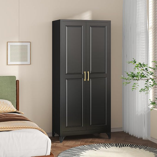 SteeLoong Metal Wardrobe Cabinet with Hanging Rod, 71" Tall Armoire Wardrobe Closet with 2 Doors and Adjustable Shelves, Black Clothing Storage Cabinets for Bedroom, Laundry Room, Cloak Room