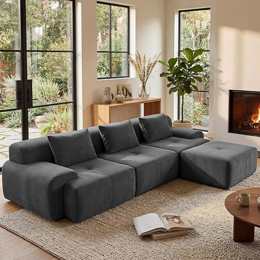 GRUSIGN 118'' Modular Sectional Oversized Boneless Couch, Tufted Cloud Sectional Couches for Living Room, L Shape Deep Seat Sofa with Ottoman & 3 Throw Pillows,Corduroy Couch,Dark Grey