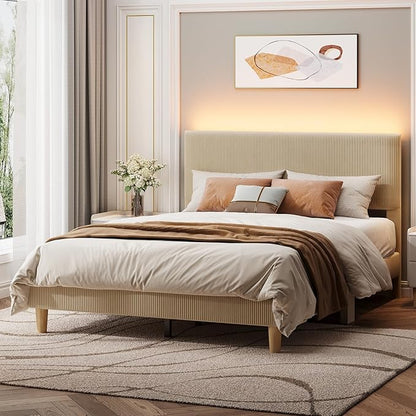 Bestier Queen Size Bed Frame with Headboard LED Lighting,Upholstered,Taupe | Easy Assembly,LED Light Headboard,No Squeaks,Vertical Channel Corduroy Upholstered,Wood Slats Support,No Box Spring Needed