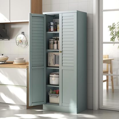 LEYNOT 61 inch Tall Kitchen Pantry Cabinet,Metal Storage Cabinet with 4 Adjustable Shelves,Freestanding Cupboard for Canned Food,Snacks,Small Appliances(Green)