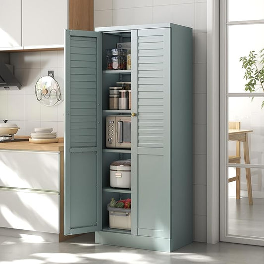 LEYNOT 61 inch Tall Kitchen Pantry Cabinet,Metal Storage Cabinet with 4 Adjustable Shelves,Freestanding Cupboard for Canned Food,Snacks,Small Appliances(Green)