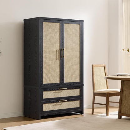 SICOTAS Rattan Armoire Wardrobe Closet Cabinet, 71" Wardrobe Storage Cabinet with Doors, 2 Drawers and Hanging Rod, Boho Large-Capacity Deep Armoire Clothes Organizer for Bedroom, Black Oak