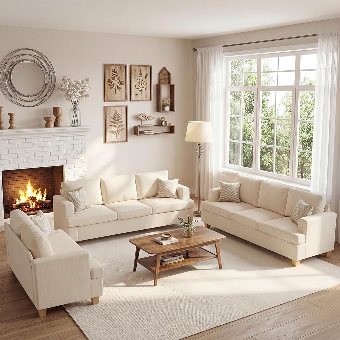 Apicizon 3 Pieces Couch Set Living Room Furniture Sets, Loveseat Sofa & 3 Seater Sofa Set of 3 for Bedroom, Comfy Chenille Couch Sleeper Sofa for Apartment Lounge, White Chenille