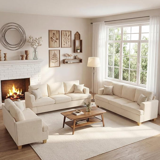 Apicizon 3 Pieces Couch Set Living Room Furniture Sets, Loveseat Sofa & 3 Seater Sofa Set of 3 for Bedroom, Comfy Chenille Couch Sleeper Sofa for Apartment Lounge, White Chenille