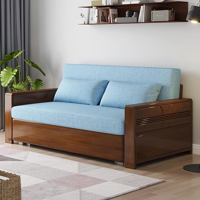 3 in 1 Pull-Out Convertible Sofa Bed, 59" Blue Plush Cushion Sleeper Couch, Reversible Chaise, Walnut Solid Wood Frame for Home, Office, Apartment