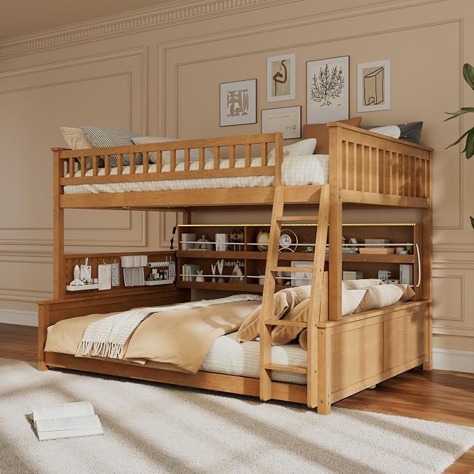 Full XL Over Queen Bunk Bed, Wood Bunk Bed with Integrated Shelving, Color-Changing Lights and Pegboard for Kids Teens Adults, Brown