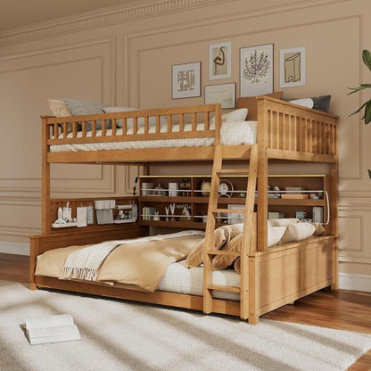 Full XL Over Queen Bunk Bed, Wood Bunk Bed with Integrated Shelving, Color-Changing Lights and Pegboard for Kids Teens Adults, Brown