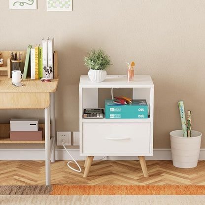 Huhote Kids Nightstand, 2-Tier Night Stand with Charging Station and Drawer, Modern Side Table for Bedroom, Study Room, Small Spaces, White