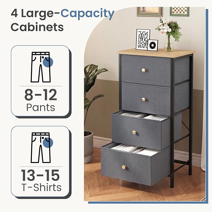 DUMOS Nightstand with 4 Drawers Bedside Table with Removable Fabric Bins Sturdy Steel Frame Wood Top Organizer Furniture for Bedroom Closet Living Room, Dusty Blue