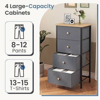 DUMOS Nightstand with 4 Drawers, Bedside Table with Removable Fabric Bins, Sturdy Steel Frame Wood Top Organizer Furniture for Bedroom Closet Living Room, Gray Blue