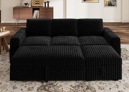 HONBAY Modular Sectional Sofa with Pull Out Bed,Corduroy L Shaped Sleeper Sofa with Storage, Sectional Couches for Living Room,Black