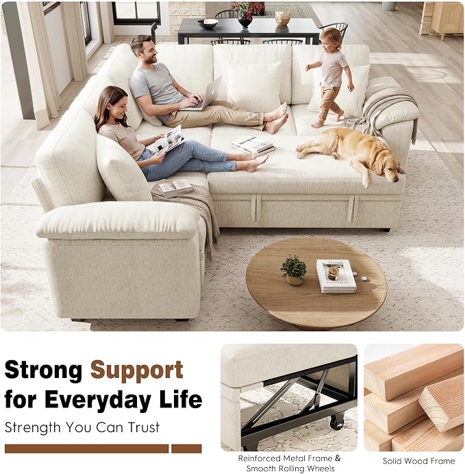 Ihanherry 86" Modular Sectional Sofa with Pull Out Bed, 5-Seater L Shaped Sectional Sleeper Couch with Storage, Chenille Convertible Couches for Living Room, Apartment (Beige)