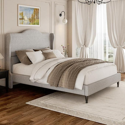 Full Bed Frame with Headboard, Upholstered Platform Bed with Tall Wingback Headboard, Sturdy Wood Slats Support, Easy Assembly, No Box Spring Needed, Modern Style for Bedroom, Beige