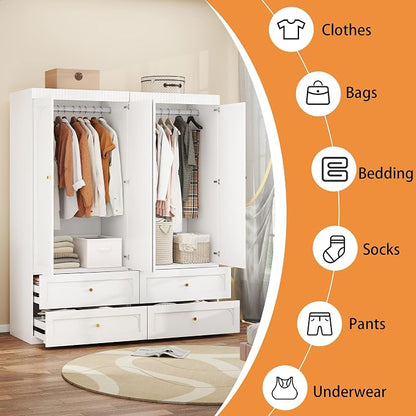 Wooden Wardrobe Closet with Doors: 75" Tall White Armoire Wardrobe Closet with 4 Drawers and 4 Doors, Modern Clothes Cabinets for Bedroom Armoires with Hanging Rod (4-Drawers, 63")