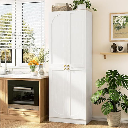 Cyclysio 80" Kitchen Pantry, Extra Tall Arch Storage Cabinet with 8 Soft Close Doors and Adjustable Shelves, Freestanding Wood Cupboard with Seamless Fit Wall for Dining Living Room Bathroom Furniture