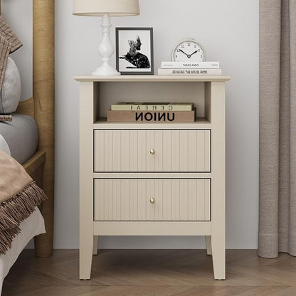 RoyalCraft Beige Fluted Nightstand with 2 Drawers, Colorful Nightstand for Bedroom, Modern Wooden End Table with Storage for Small Spaces, Tall Side Sofa Table for Couch, Home Office
