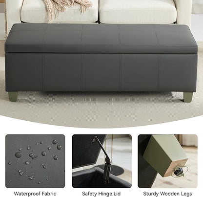 WUTUTUEE 51" Faux Leather Storage Ottoman, Stitch Tufted Rectangle Upholstered End of Bed Storage Bench, Entryway Large Couch Ottoman with Wooden Legs,Dark Grey