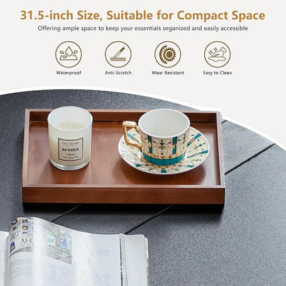 33" Round Coffee Table with Lift-Top & Flip-Top Storage, Modern Accent Fluted Coffee Tables with Metal Frame, Wooden Circle Center Table for Living Room Small Space Apartment Office (Black)
