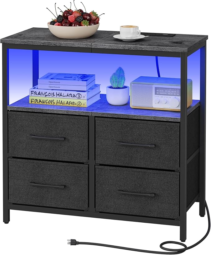 TUTOTAK LED Night Stand with Charging Station, Large Nightstand with USB and Type-C Port, Bedside Table with Cloth Drawers, End Table for Livingroom, Bedroom, Charcoal Grey TB01BY081L