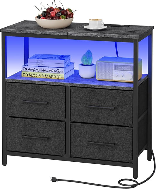 TUTOTAK LED Night Stand with Charging Station, Large Nightstand with USB and Type-C Port, Bedside Table with Cloth Drawers, End Table for Livingroom, Bedroom, Charcoal Grey TB01BY081L