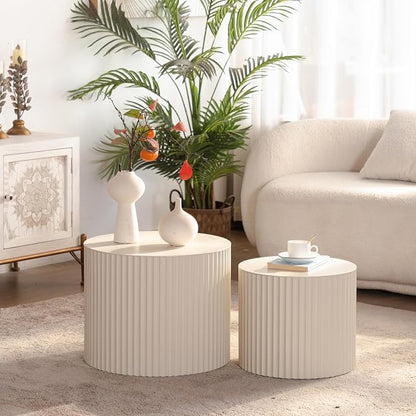 Nesting Round Coffee Table Set of 2, Morden End Table for Small Spaces, Drum Side Table, Circle Wooden Center Table for Living Room, Fully Assembled