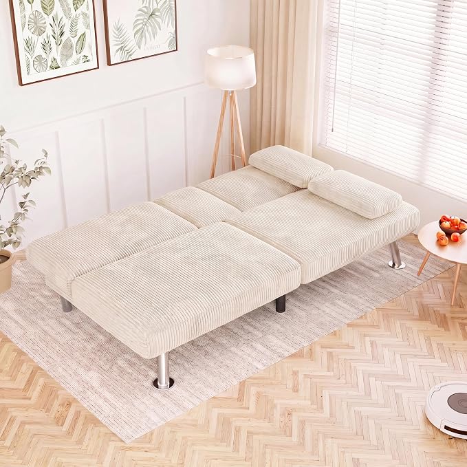 Flamaker Futon Sofa Bed Corduroy Folding Couch Adjustable Sleeper Sofa Bed for Small Apartment Upholstered Living Room Furniture Set with 2 Cup Holders Removable Armrests (Corduroy, Beige)
