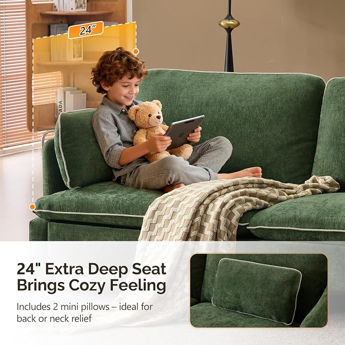 VINGLI 84" Extra Deep Seat Sofa Couch, 3 Seater Upholstered Living Room Couches with 2 Piped Seater Cushions, Throw Pillows, Modern Linen Velvet Fabric Sofa for Apartment Bedroom Office