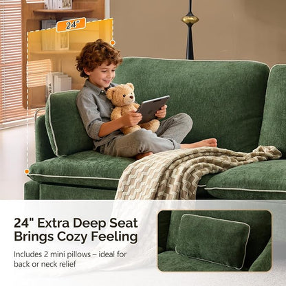 VINGLI 84" Extra Deep Seat Sofa Couch, 3 Seater Upholstered Living Room Couches with 2 Piped Seater Cushions, Throw Pillows, Modern Linen Velvet Fabric Sofa for Apartment Bedroom Office