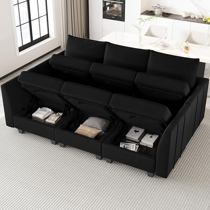 Belffin Modular Sectional Sofa Sleeper Couch with Storage Velvet Sectional Sofa Bed, 6 Seats, Black