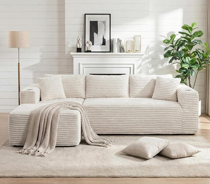 Vongrasig 103" Boneless Sectional Couches for Living Room, L-Shaped Chaise Modular Cloud Couch with Cup Holders on Armrests, Plush Corduroy Comfy Sofa with Memory Foam, No Assembly Required (Beige)