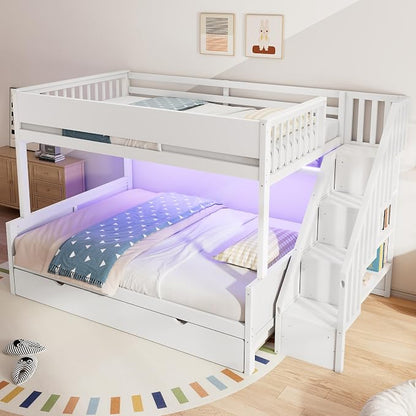 Modern Bunk Bed Full XL Over Queen Size with Storage Shelves and Staircase, Solid Wood Bunk Bed Frame with Trundle and LED Light for Kids Teens Adults (White-3.9)
