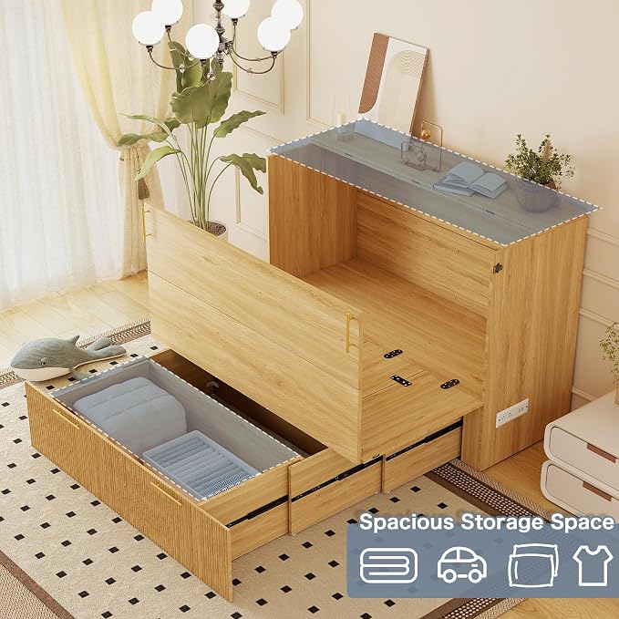 Full Size Murphy Bed Cabinet: Oak Cabinet Bed with Charging Station, Wood Murphy Cabinet with Large Drawers for Guest Room, Living Room and Office