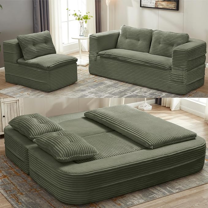 80'' Futon Sofa Bed, King Size Foldable Sleeper Sofa, Corduroy Boneless Loveseat Couch with Chaise Lounge, 3 Pillows, Blanket, Upholstered Sectional Couches for Living Room,Bedroom, Pine Green