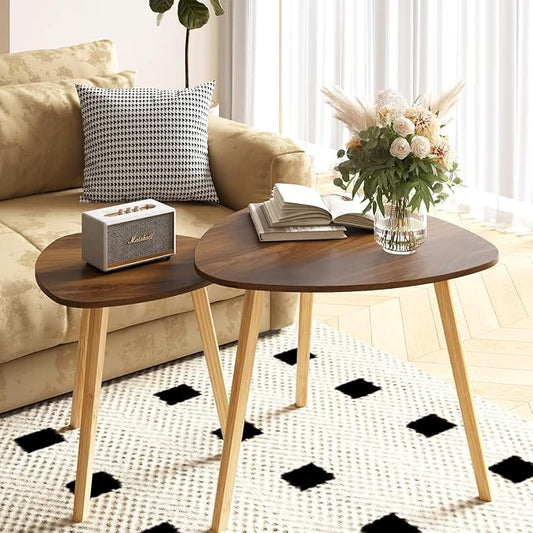 BAMEOS Bamboo Nesting Triangle End Table,Set of 2 Side Table Modern Minimalist Coffee Table for Living Room (Walunt)