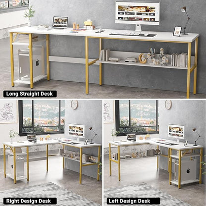 Unikito Reversible L Shaped Desk with Magic Power Outlets and USB Charging Ports, Sturdy Corner Computer Desk with Storage Shelves, Gaming Table Home Office Desk, Easy to Assemble, White and Gold