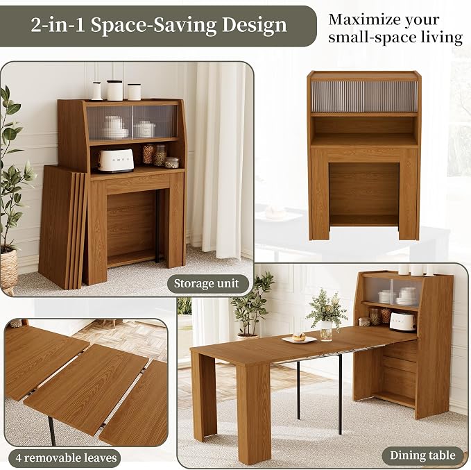 HIPIHOM Dining Table Set for 6, Extendable 86.6" with Storage | Space-saving MDF Kitchen Table with 6 Upholstered U-shaped Brown Chairs, Ideal for Apartment, Living Room