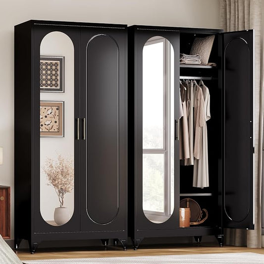 UNICOLY Metal Wardrobe Cabinet with Mirror Doors，71" Tall Armoire Wardrobe Closet with Hanging Rod and Adjustable Shelves，Black Clothing Storage Cabinets for Bedroom, Living Room,Office