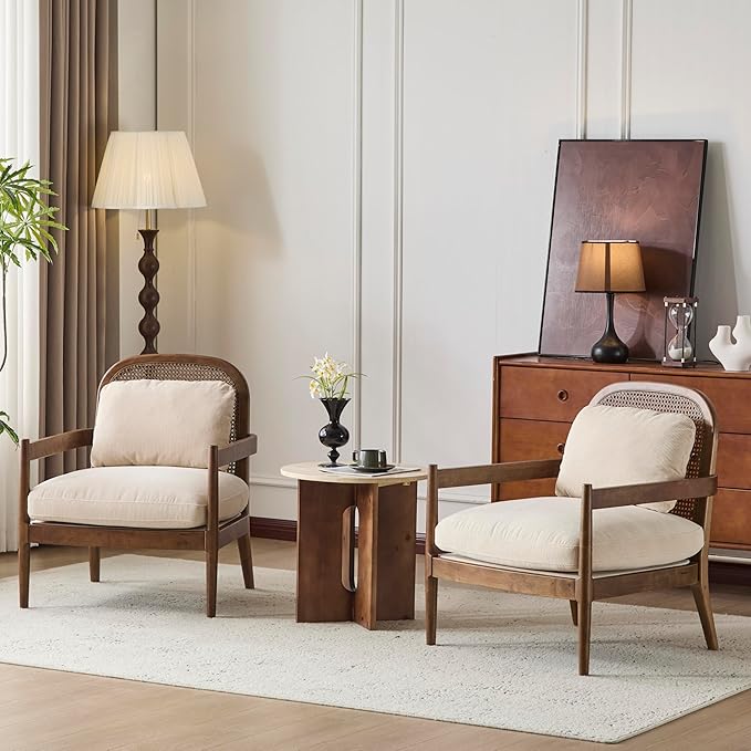Christopher Knight Home Nadine Wooden Club Chairs Set of 2, Club Chair, Rattan Open Back Armchair, Accent Reading Sofa Chair with Cushions, Accent Chairs Set for Living Room Bedroom, Beige Stripe