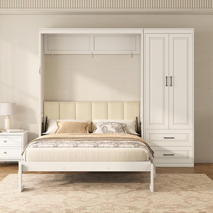 Merax Farmhouse Multi-Functional Murphy Bed with Wardrobe & Drawers,White | Queen Size Foldable Wall Platform Bed Upholstered Headboard for Guest-Room, Bedroom/ Space Saving