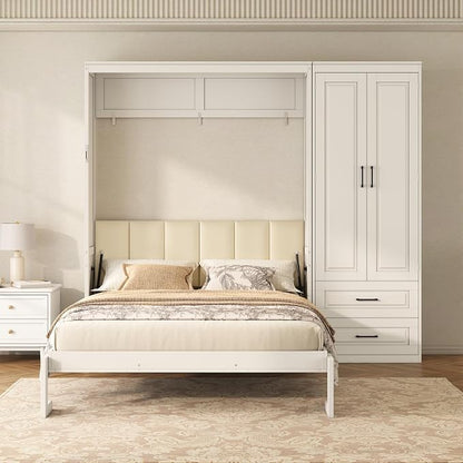 Merax Farmhouse Multi-Functional Murphy Bed with Wardrobe & Drawers,White | Queen Size Foldable Wall Platform Bed Upholstered Headboard for Guest-Room, Bedroom/ Space Saving