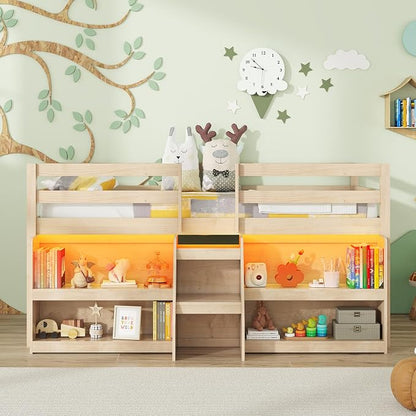 Giantex Low Loft Bed with LED Lights, Wooden Twin Loft Bed with Stairs & Safety Guardrail, Loft Bed Twin Size with Storage Bookcase and Under-Bed Play Space, Loft Bed for Kids (Natural)